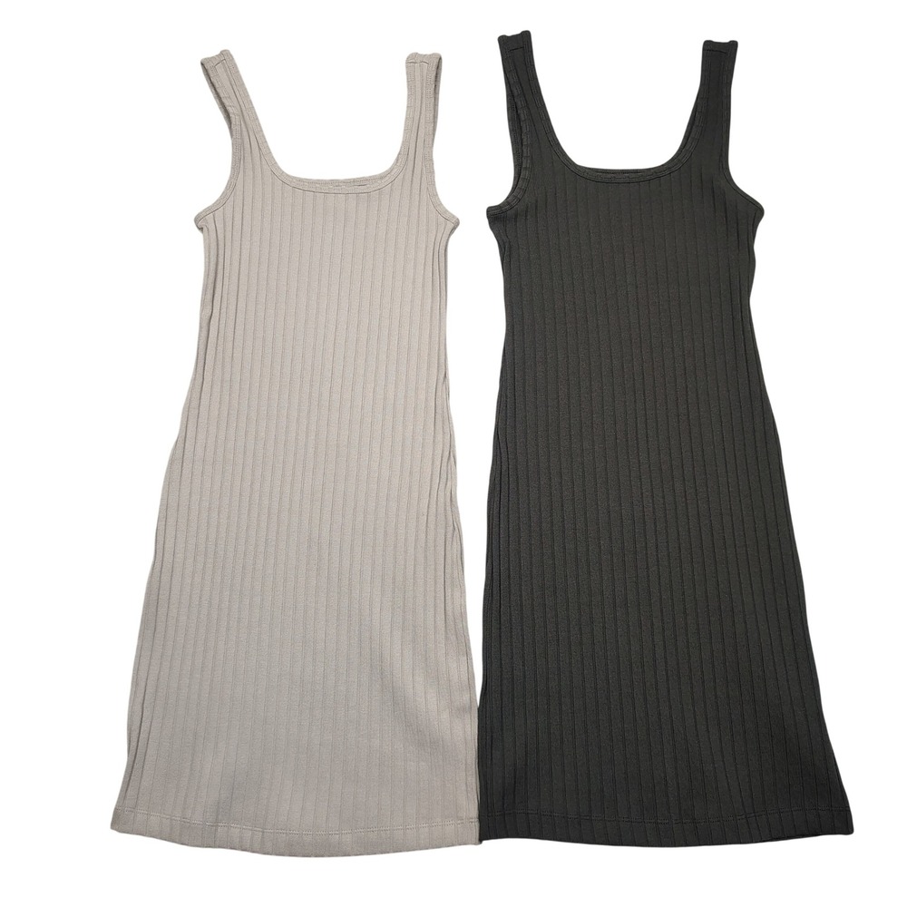 Old Navy Ribbed Tank Dress Womens XS Grey Taupe Set 2 Mini Bodycon Cotton Blend